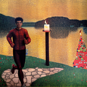 3675779555_Runner_near_a_lake_with_a_christmas_candle__by_Klimt__matte_painting_trending_on_artstation_HQ